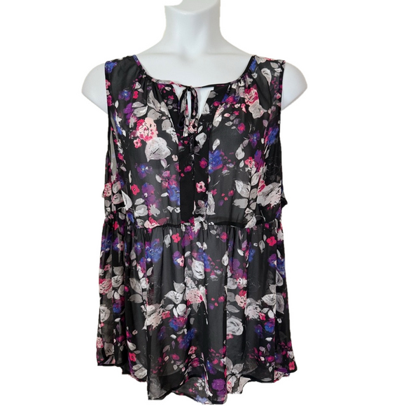 torrid Tops - Torrid Black and Pink Floral Tie Notch Collar Sheer Blouse SKU051